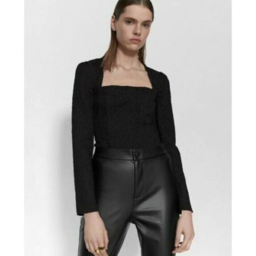 Zara Black Textured Bodysuit Top Square NecK Soft Small Size Large